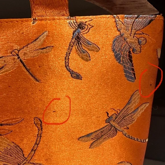 Vintage Dragonfly Silk Bag Wood Handle Artisanal Boho Asian Statement - Picture 8 of 11